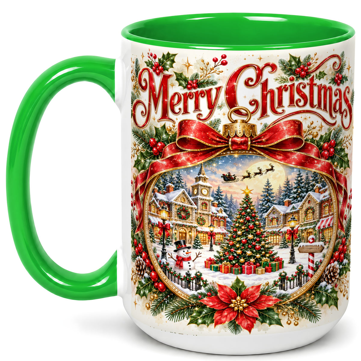 #pl[15oz|Green] Botanical Christmas Coffee Mug, Winter Village Mug, Ceramic Cup