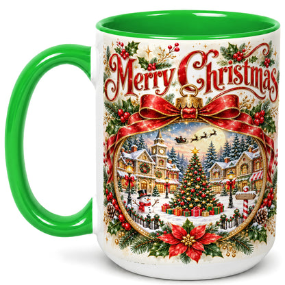 #pl[15oz|Green] Botanical Christmas Coffee Mug, Winter Village Mug, Ceramic Cup