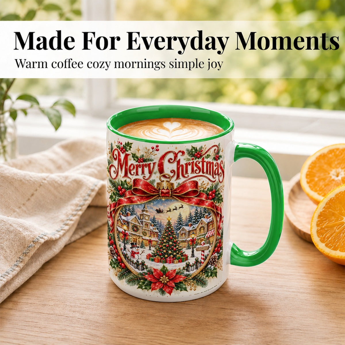 #pl[15oz|Green] Botanical Christmas Coffee Mug, Winter Village Mug, Ceramic Cup
