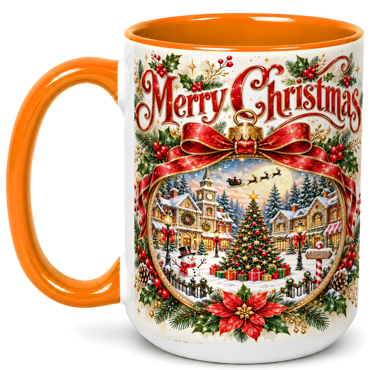 #pl[15oz|Orange] Botanical Christmas Coffee Mug, Winter Village Mug, Ceramic Cup