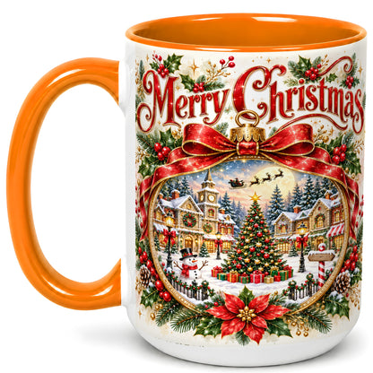 #pl[15oz|Orange] Botanical Christmas Coffee Mug, Winter Village Mug, Ceramic Cup