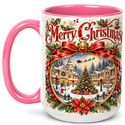 #pl[15oz|Pink] Botanical Christmas Coffee Mug, Winter Village Mug, Ceramic Cup