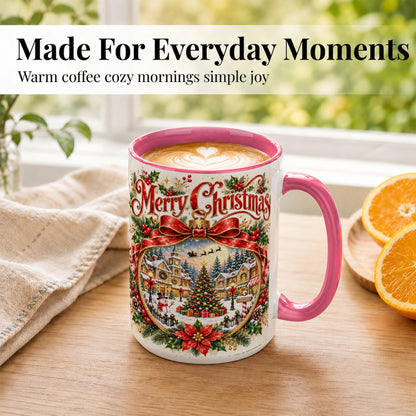 #pl[15oz|Pink] Botanical Christmas Coffee Mug, Winter Village Mug, Ceramic Cup
