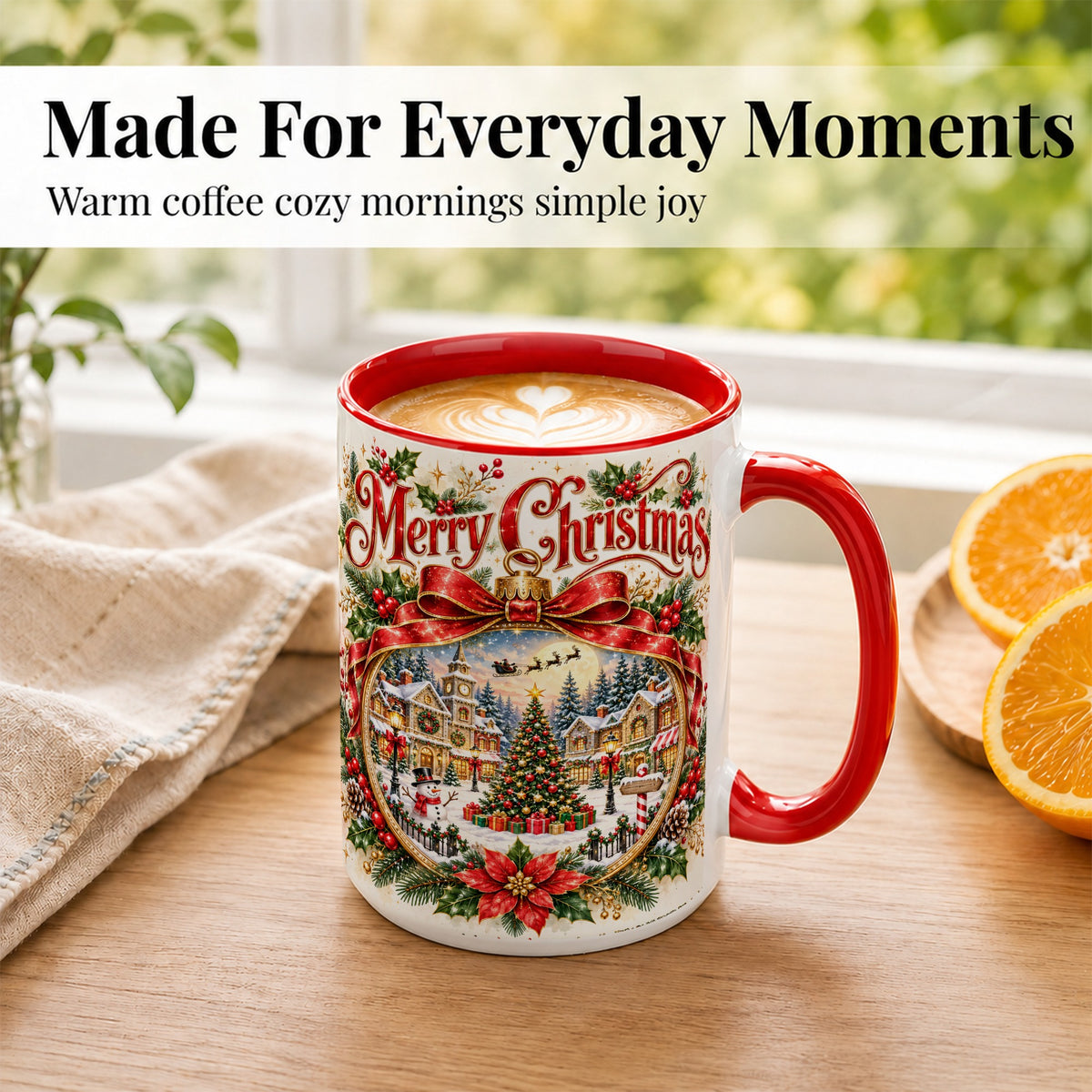 #pl[15oz|Red] Botanical Christmas Coffee Mug, Winter Village Mug, Ceramic Cup