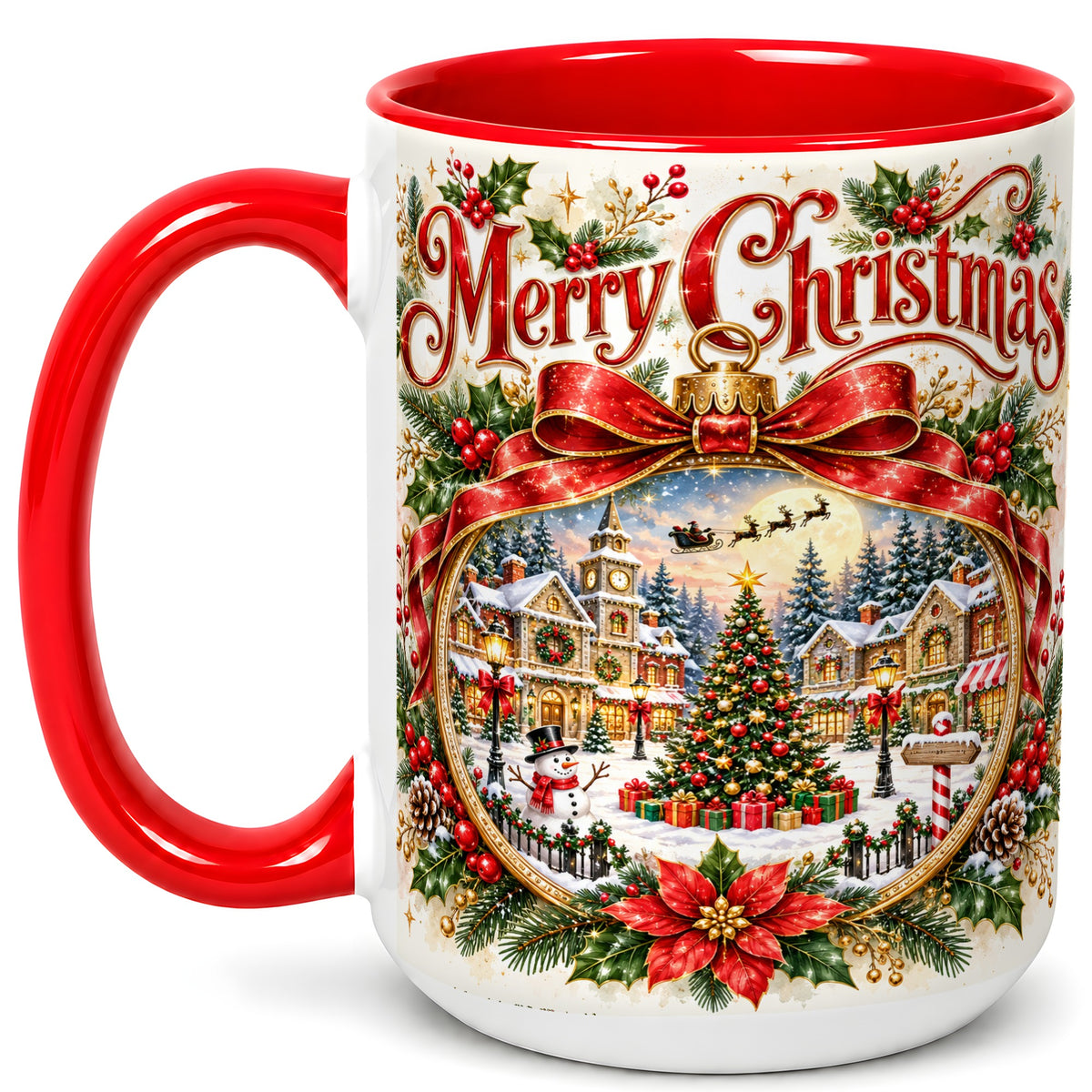 #pl[15oz|Red] Botanical Christmas Coffee Mug, Winter Village Mug, Ceramic Cup
