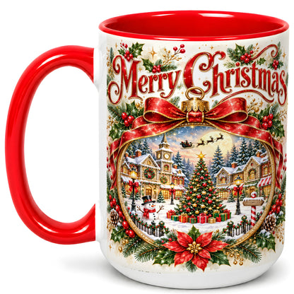 #pl[15oz|Red] Botanical Christmas Coffee Mug, Winter Village Mug, Ceramic Cup