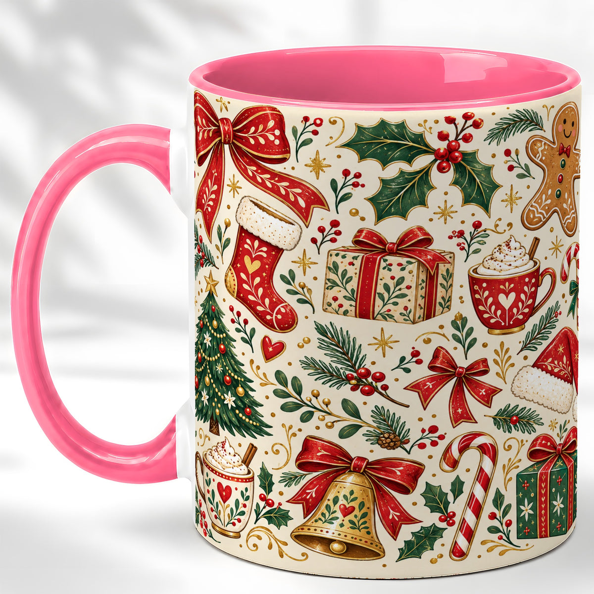 #pl[11oz|Pink] Christmas Folk Art Coffee Mug, Gingerbread Mug, Ceramic Cup