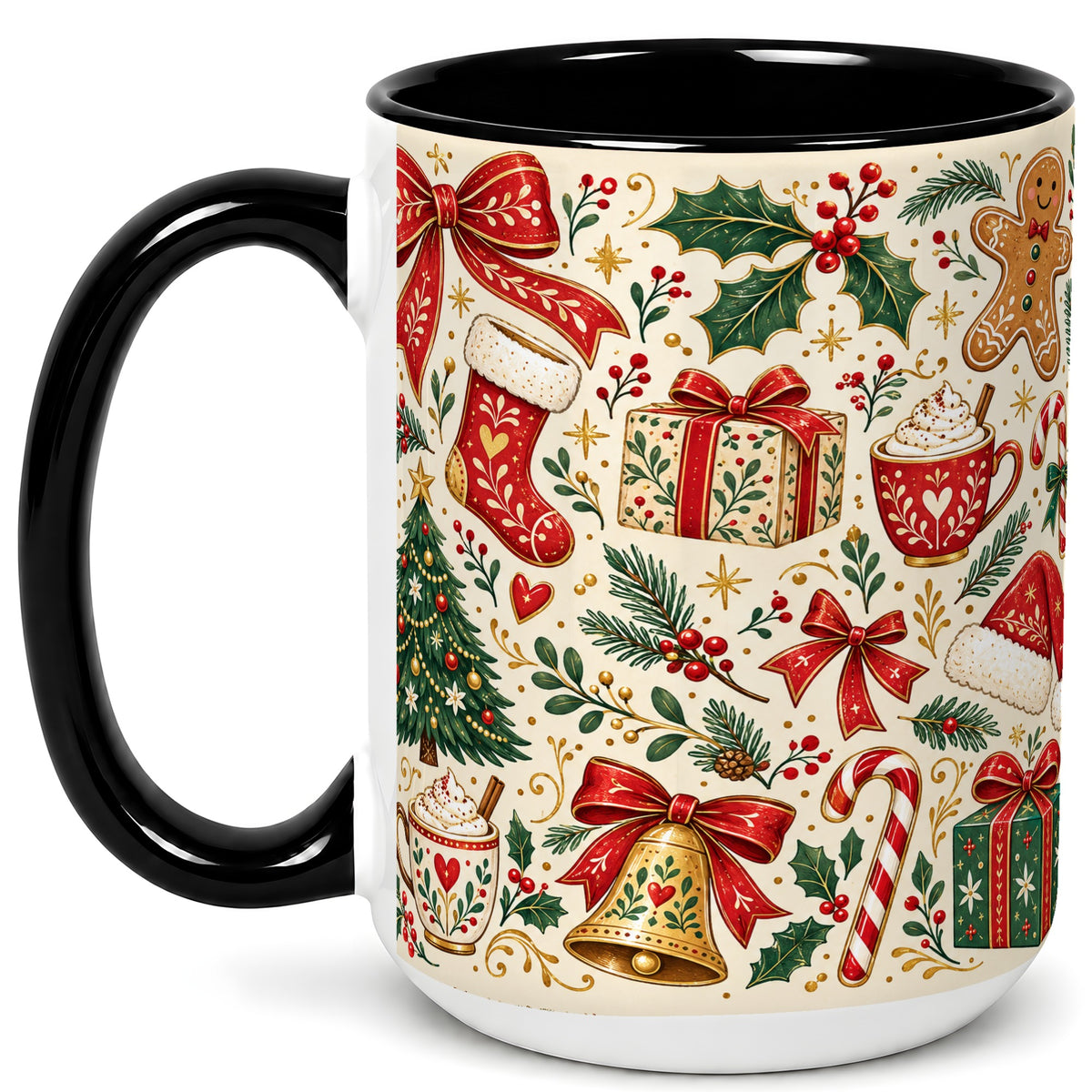 #pl[15oz|Black] Christmas Folk Art Coffee Mug, Gingerbread Mug, Ceramic Cup