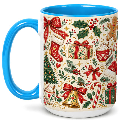 #pl[15oz|Blue] Christmas Folk Art Coffee Mug, Gingerbread Mug, Ceramic Cup