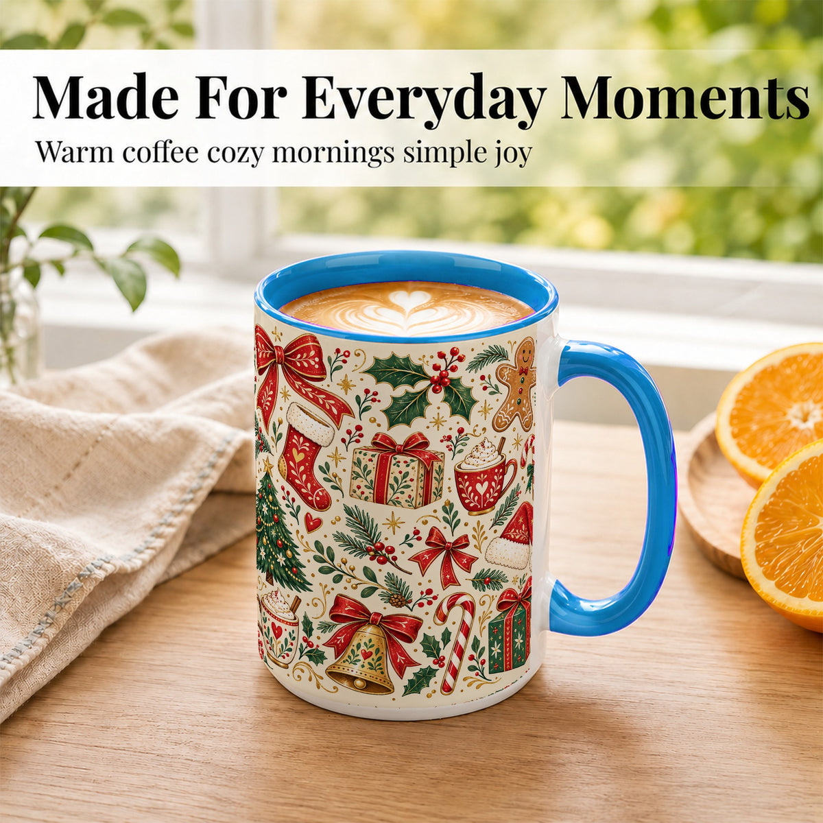 #pl[15oz|Blue] Christmas Folk Art Coffee Mug, Gingerbread Mug, Ceramic Cup
