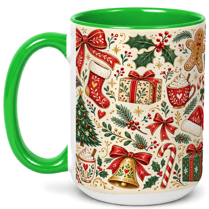 #pl[15oz|Green] Christmas Folk Art Coffee Mug, Gingerbread Mug, Ceramic Cup