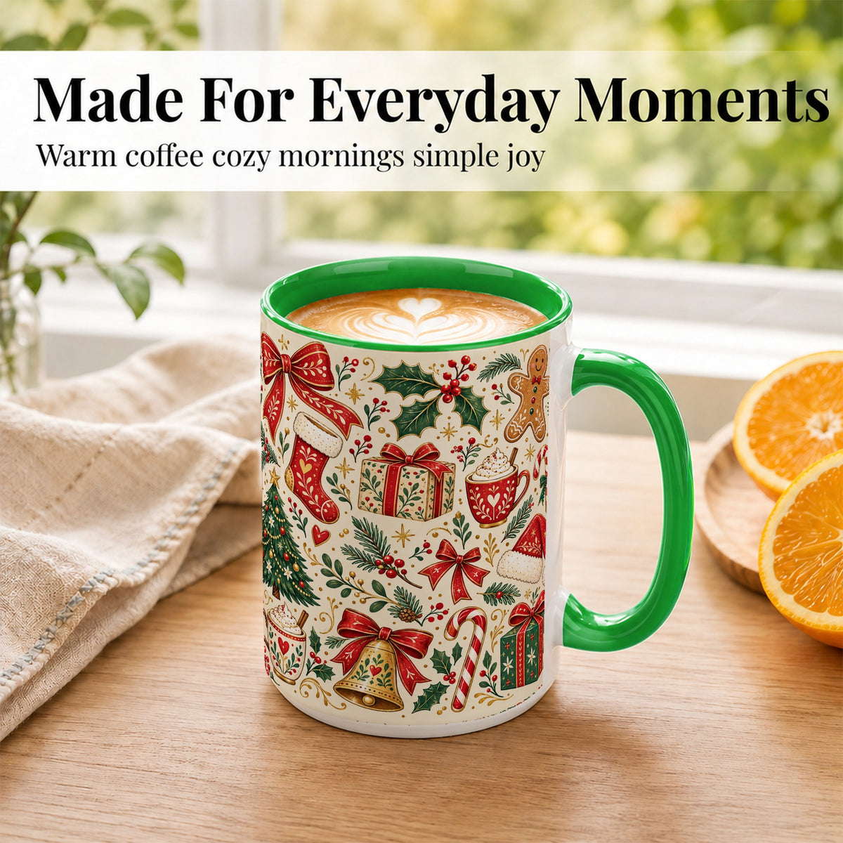 #pl[15oz|Green] Christmas Folk Art Coffee Mug, Gingerbread Mug, Ceramic Cup