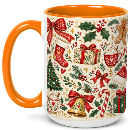 #pl[15oz|Orange] Christmas Folk Art Coffee Mug, Gingerbread Mug, Ceramic Cup