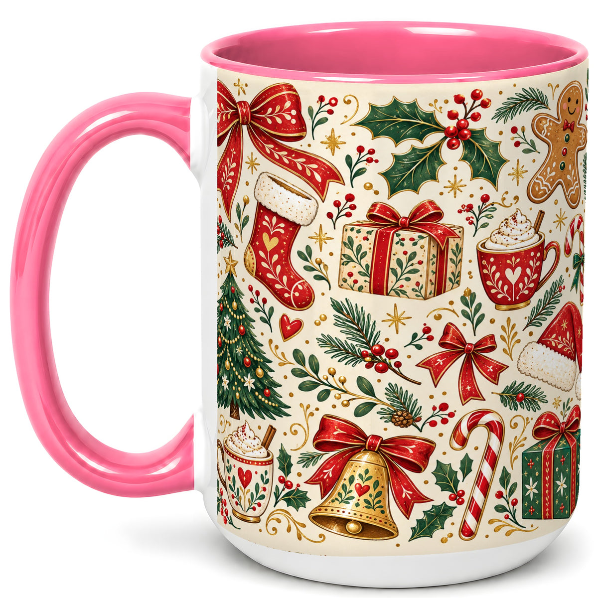 #pl[15oz|Pink] Christmas Folk Art Coffee Mug, Gingerbread Mug, Ceramic Cup