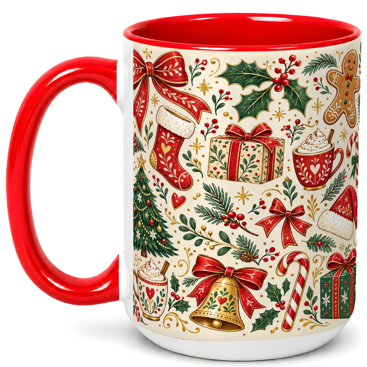 #pl[15oz|Red] Christmas Folk Art Coffee Mug, Gingerbread Mug, Ceramic Cup