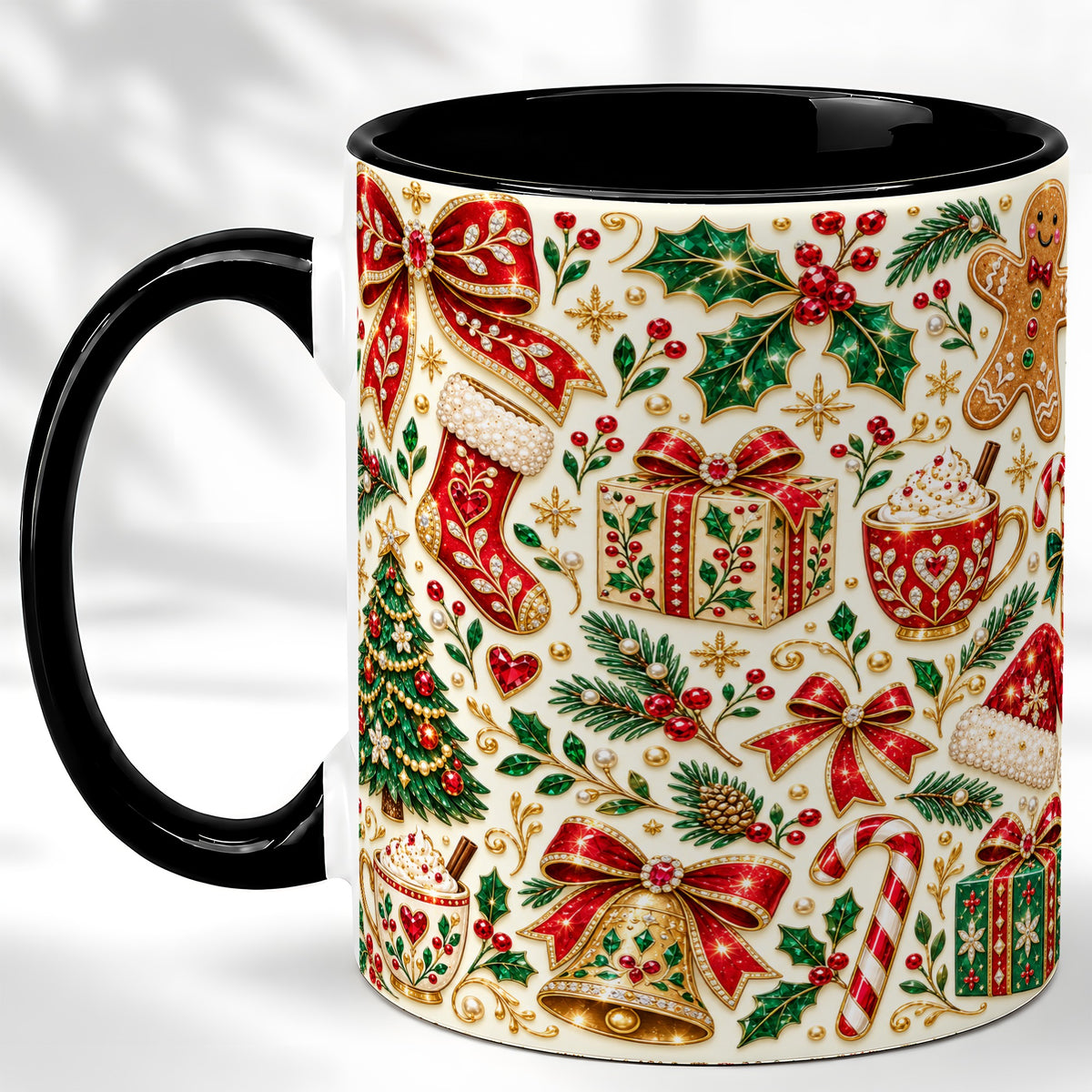 #pl[11oz|Black] Jeweled Christmas Coffee Mug, Red Bow Holiday Mug, Ceramic Cup