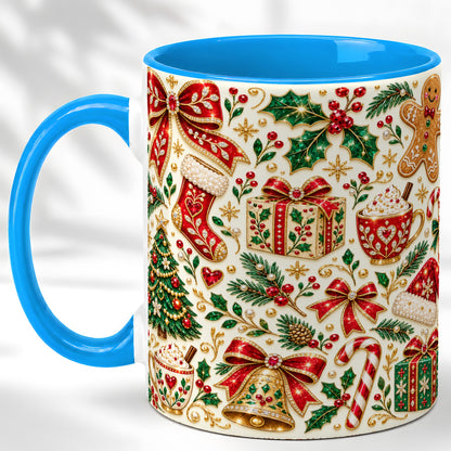 #pl[11oz|Blue] Jeweled Christmas Coffee Mug, Red Bow Holiday Mug, Ceramic Cup