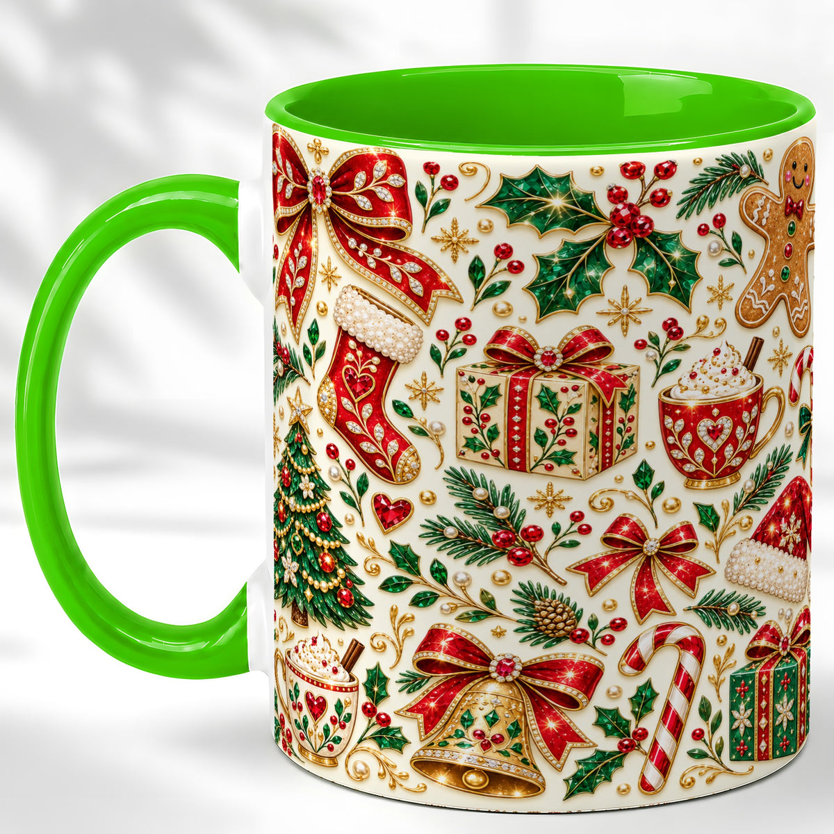 #pl[11oz|Green] Jeweled Christmas Coffee Mug, Red Bow Holiday Mug, Ceramic Cup