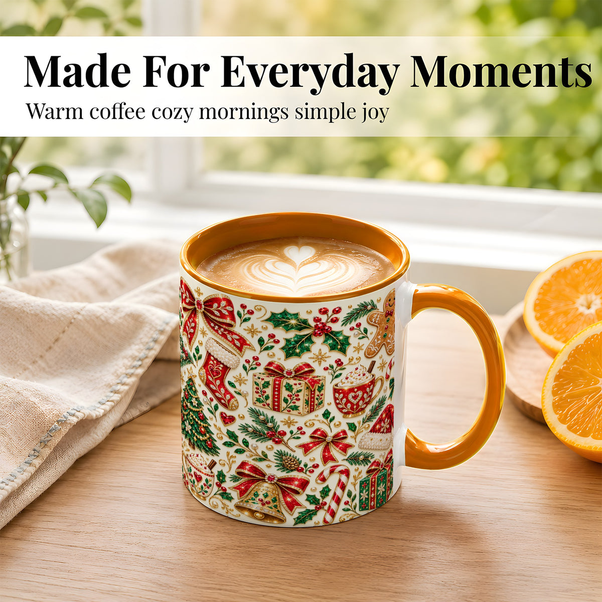 #pl[11oz|Orange] Jeweled Christmas Coffee Mug, Red Bow Holiday Mug, Ceramic Cup