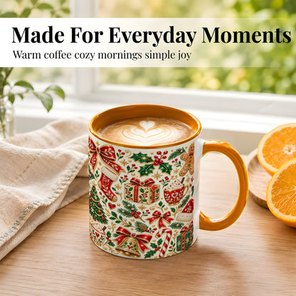 #pl[11oz|Orange] Jeweled Christmas Coffee Mug, Red Bow Holiday Mug, Ceramic Cup
