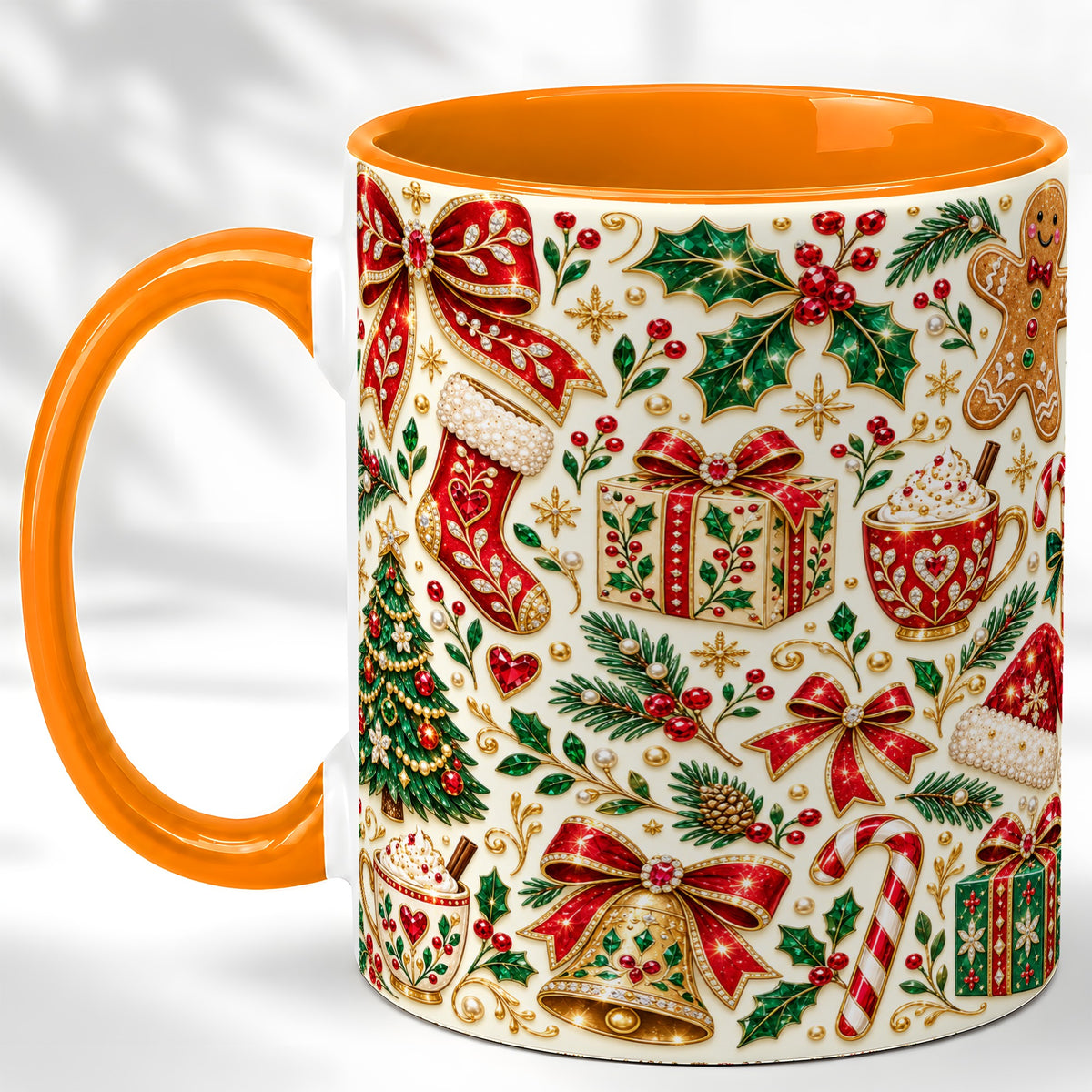 #pl[11oz|Orange] Jeweled Christmas Coffee Mug, Red Bow Holiday Mug, Ceramic Cup
