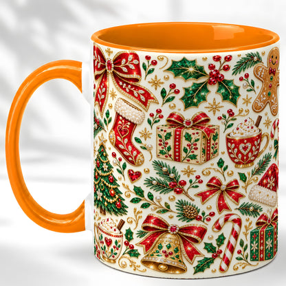 #pl[11oz|Orange] Jeweled Christmas Coffee Mug, Red Bow Holiday Mug, Ceramic Cup
