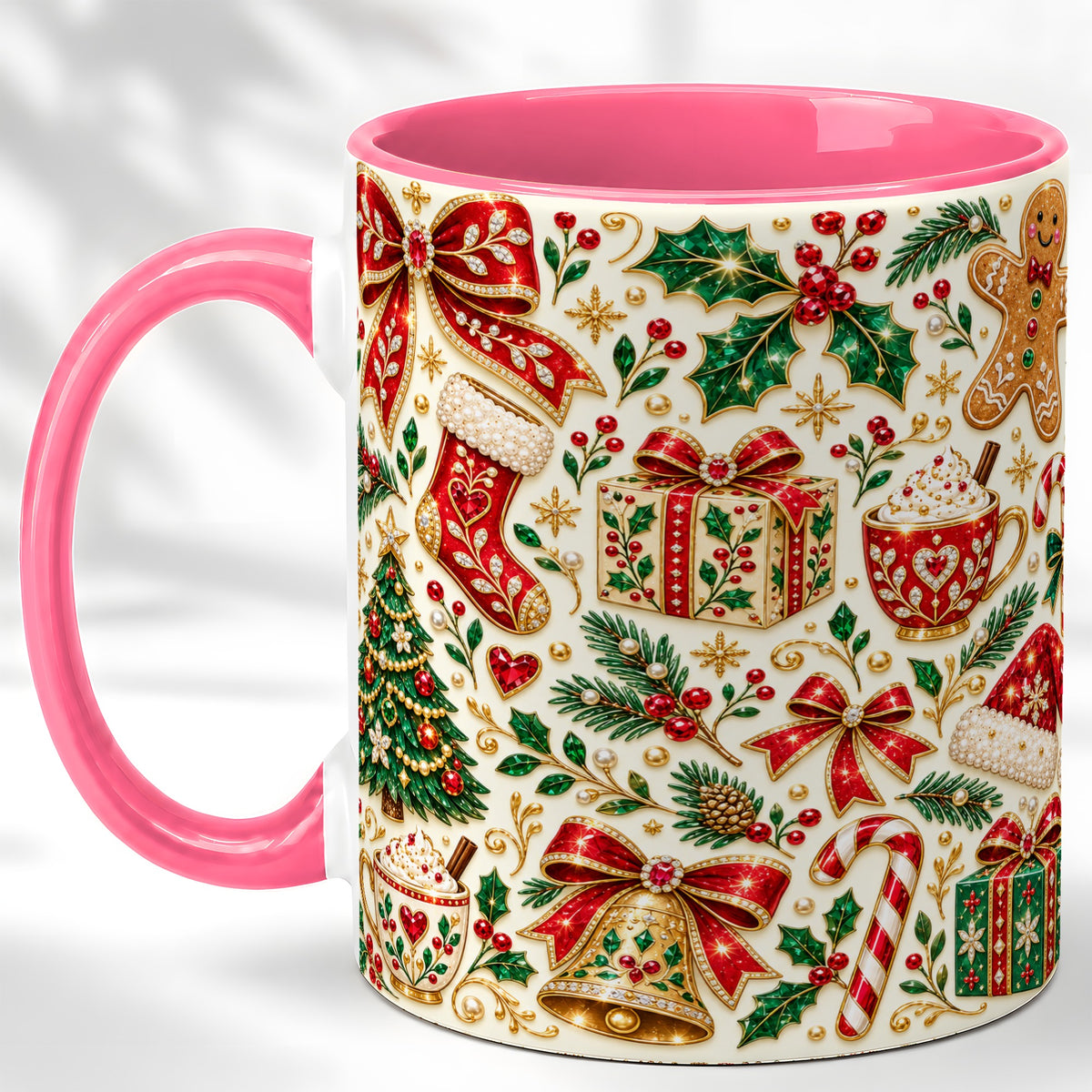 #pl[11oz|Pink] Jeweled Christmas Coffee Mug, Red Bow Holiday Mug, Ceramic Cup