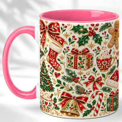 #pl[11oz|Pink] Jeweled Christmas Coffee Mug, Red Bow Holiday Mug, Ceramic Cup