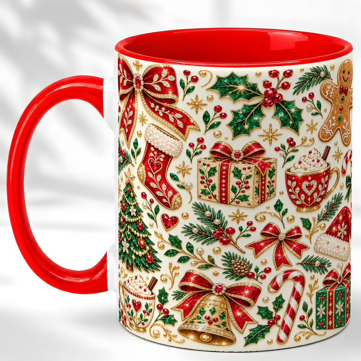 Jeweled Christmas Coffee Mug, Red Bow Holiday Mug, Ceramic Cup
