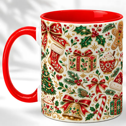 Jeweled Christmas Coffee Mug, Red Bow Holiday Mug, Ceramic Cup