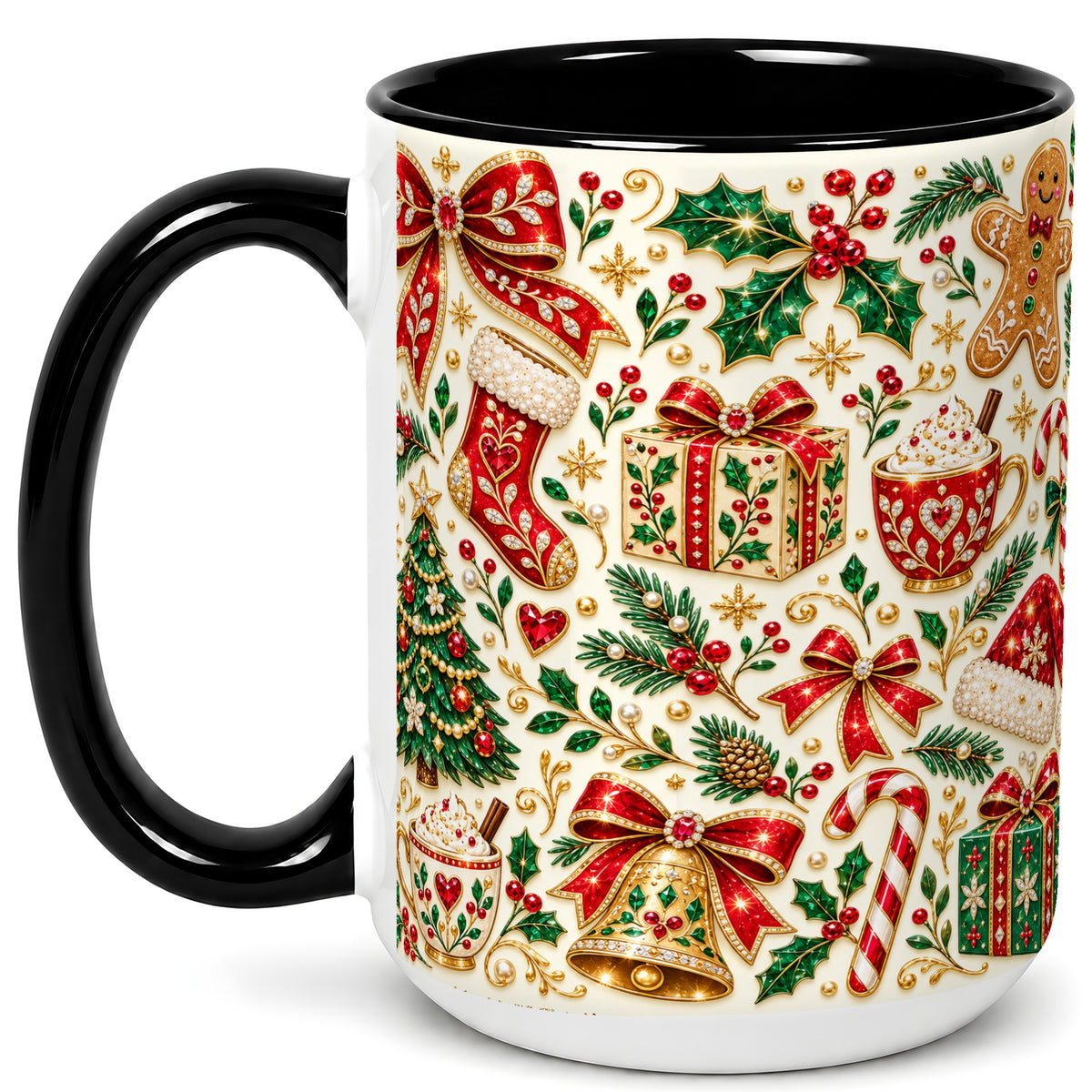 #pl[15oz|Black] Jeweled Christmas Coffee Mug, Red Bow Holiday Mug, Ceramic Cup