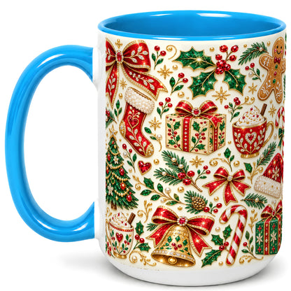 #pl[15oz|Blue] Jeweled Christmas Coffee Mug, Red Bow Holiday Mug, Ceramic Cup