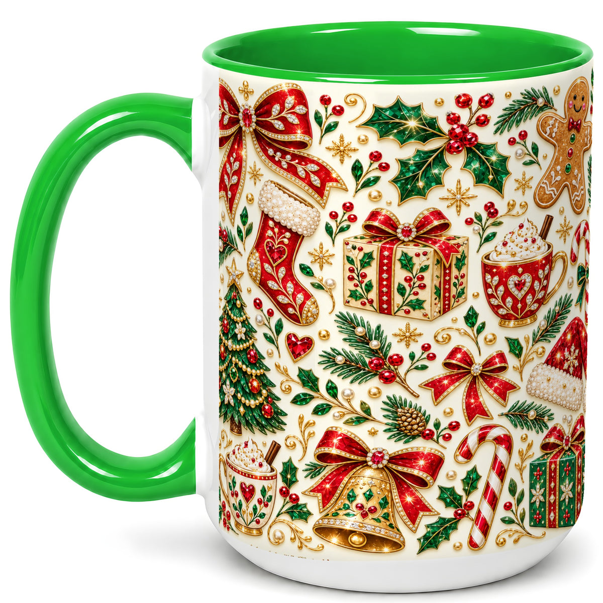 #pl[15oz|Green] Jeweled Christmas Coffee Mug, Red Bow Holiday Mug, Ceramic Cup
