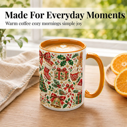 #pl[15oz|Orange] Jeweled Christmas Coffee Mug, Red Bow Holiday Mug, Ceramic Cup