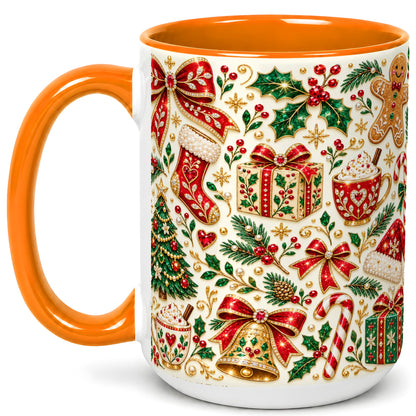 #pl[15oz|Orange] Jeweled Christmas Coffee Mug, Red Bow Holiday Mug, Ceramic Cup