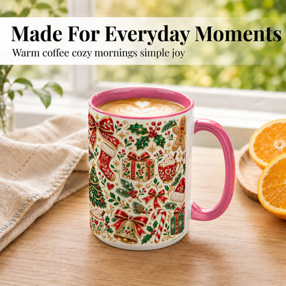 #pl[15oz|Pink] Jeweled Christmas Coffee Mug, Red Bow Holiday Mug, Ceramic Cup
