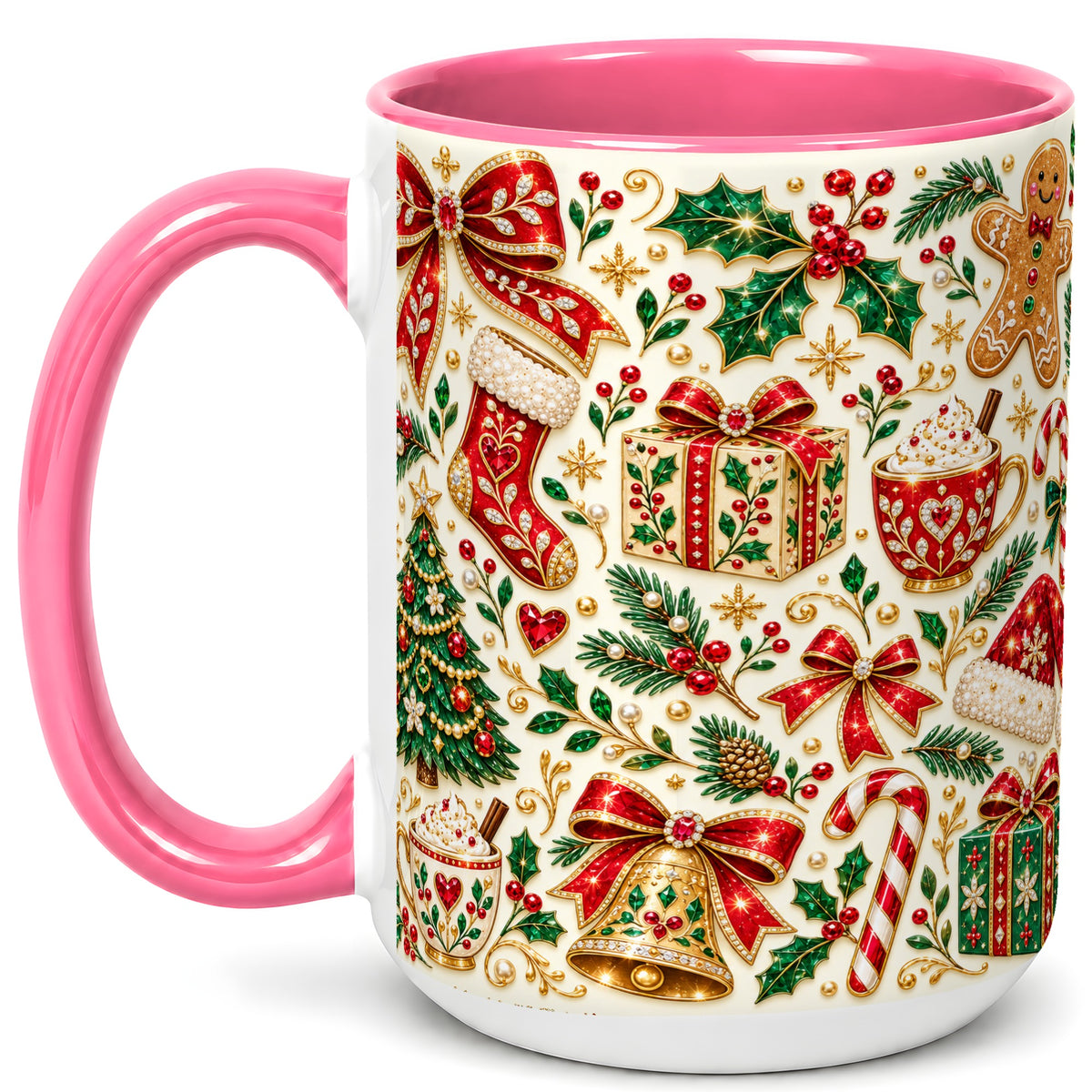 #pl[15oz|Pink] Jeweled Christmas Coffee Mug, Red Bow Holiday Mug, Ceramic Cup