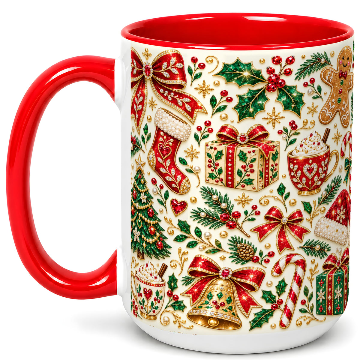 #pl[15oz|Red] Jeweled Christmas Coffee Mug, Red Bow Holiday Mug, Ceramic Cup