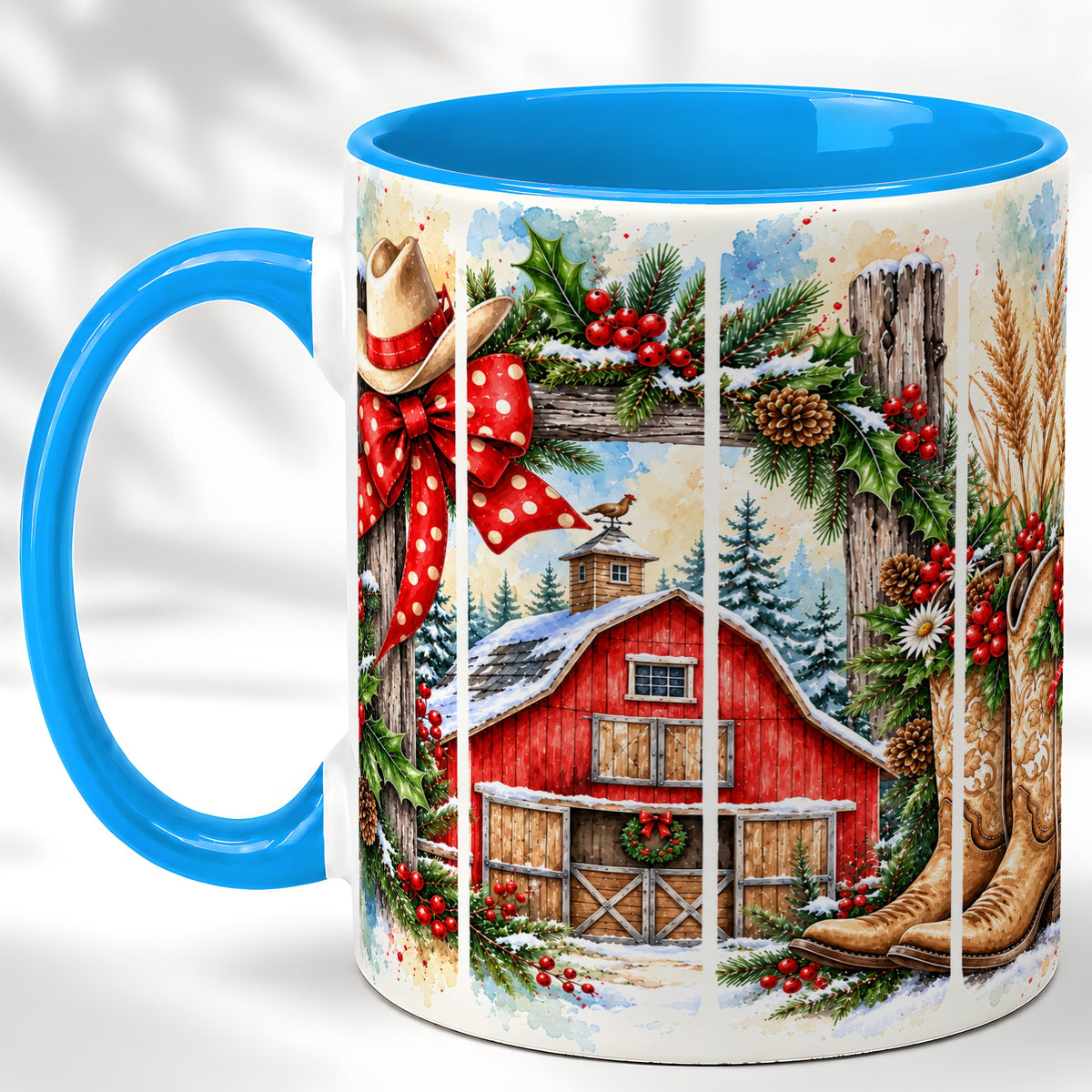 #pl[11oz|Blue] Western Christmas Coffee Mug, Cowboy Holiday Mug, Ceramic Cup