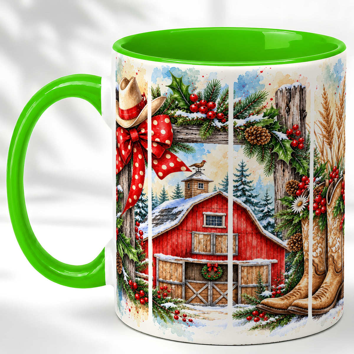 #pl[11oz|Green] Western Christmas Coffee Mug, Cowboy Holiday Mug, Ceramic Cup