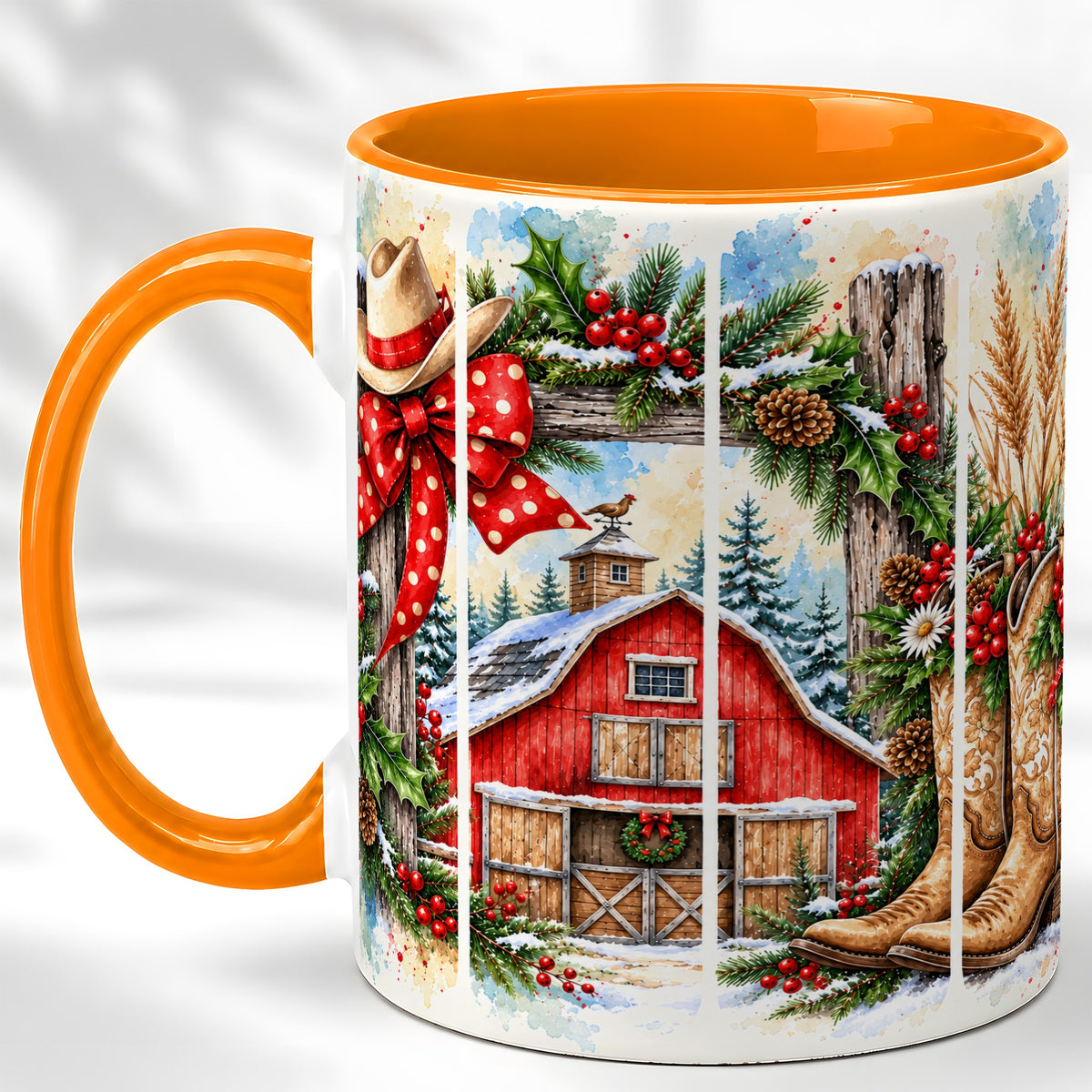 #pl[11oz|Orange] Western Christmas Coffee Mug, Cowboy Holiday Mug, Ceramic Cup
