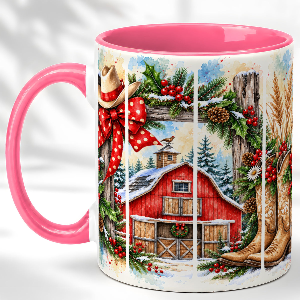 #pl[11oz|Pink] Western Christmas Coffee Mug, Cowboy Holiday Mug, Ceramic Cup