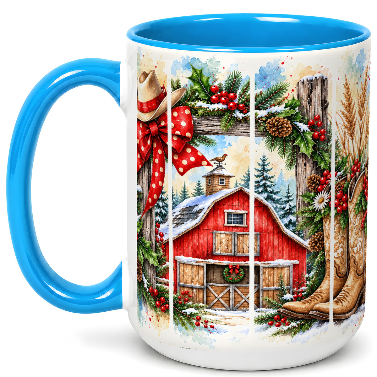 #pl[15oz|Blue] Western Christmas Coffee Mug, Cowboy Holiday Mug, Ceramic Cup