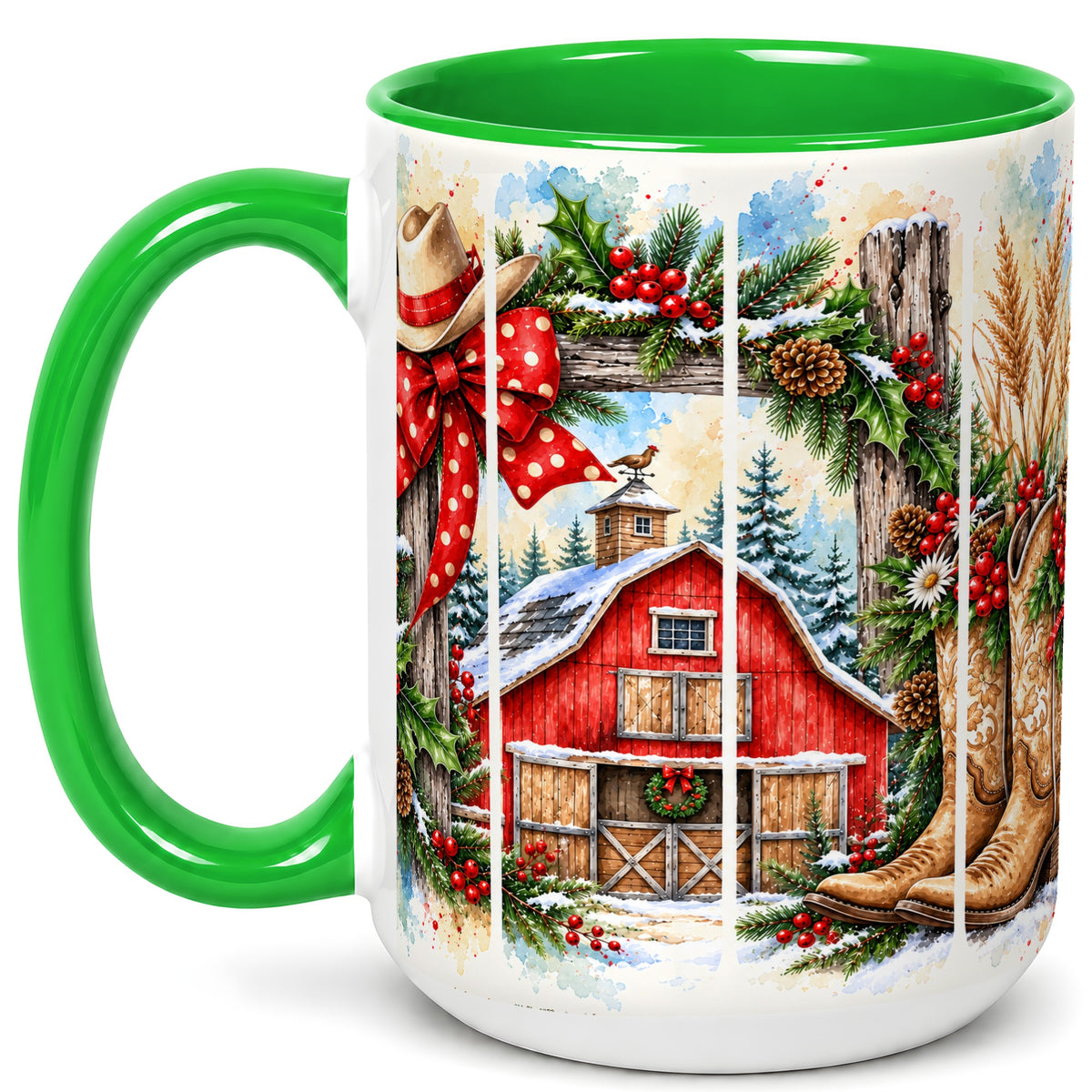 #pl[15oz|Green] Western Christmas Coffee Mug, Cowboy Holiday Mug, Ceramic Cup