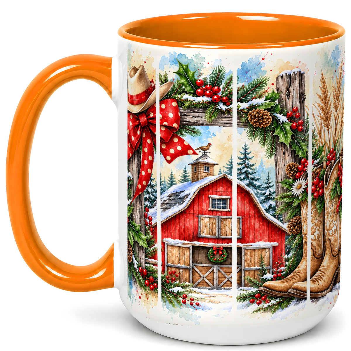 #pl[15oz|Orange] Western Christmas Coffee Mug, Cowboy Holiday Mug, Ceramic Cup