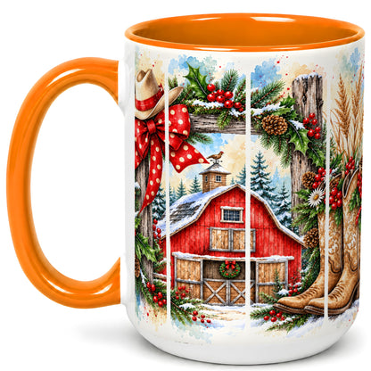 #pl[15oz|Orange] Western Christmas Coffee Mug, Cowboy Holiday Mug, Ceramic Cup