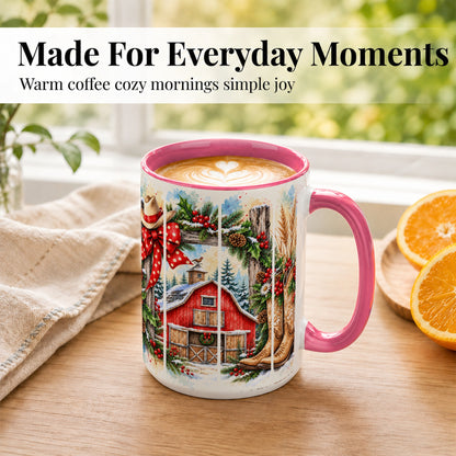 #pl[15oz|Pink] Western Christmas Coffee Mug, Cowboy Holiday Mug, Ceramic Cup