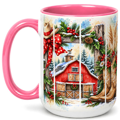 #pl[15oz|Pink] Western Christmas Coffee Mug, Cowboy Holiday Mug, Ceramic Cup