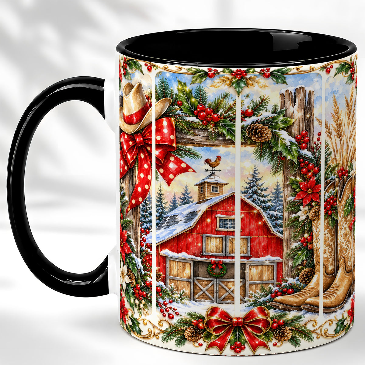 #pl[11oz|Black] Ornate Western Christmas Coffee Mug, Cowboy Holiday Mug, Ceramic Cup