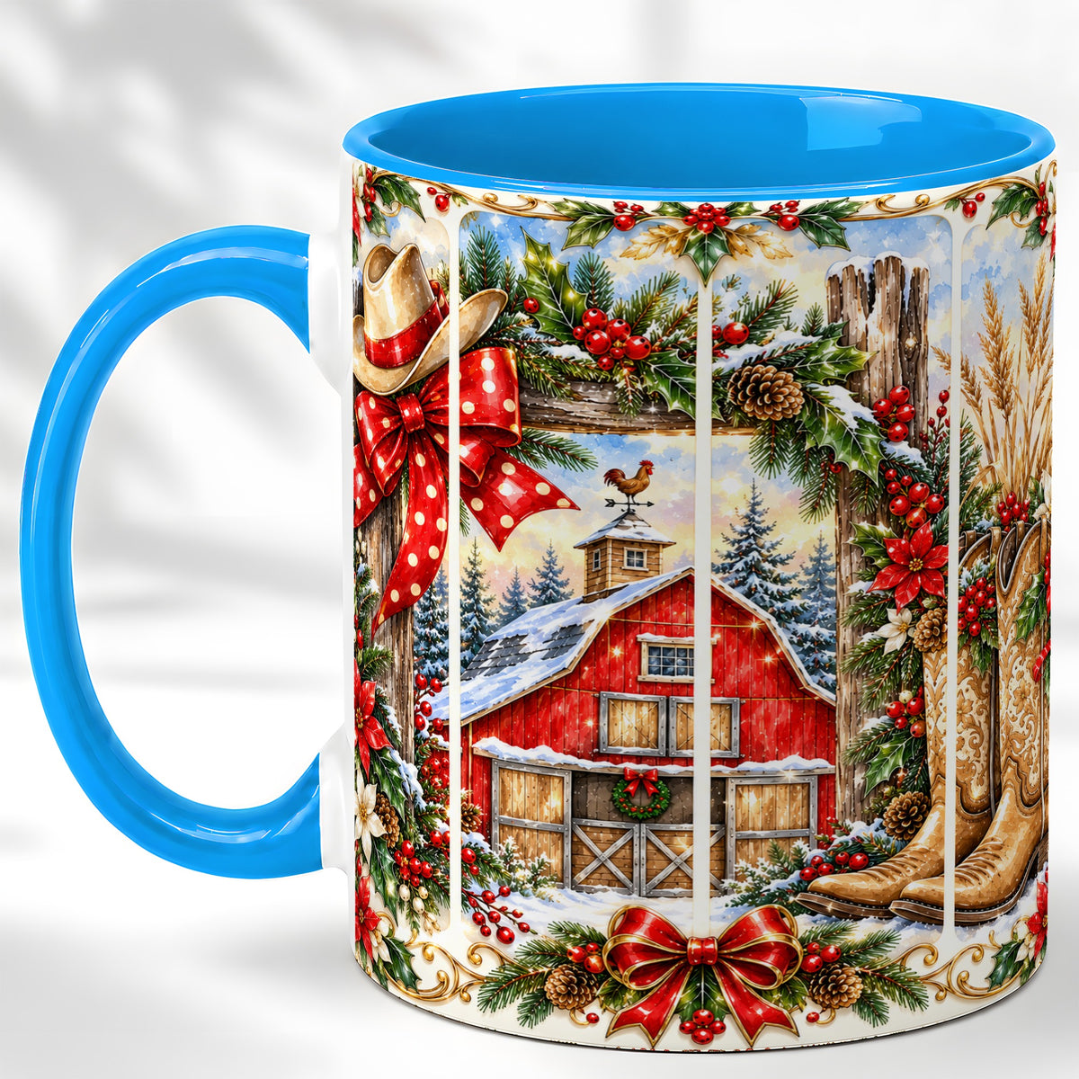 #pl[11oz|Blue] Ornate Western Christmas Coffee Mug, Cowboy Holiday Mug, Ceramic Cup